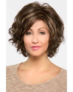 Woman in a past the chin dark brown curly layered bob wig