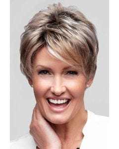 Woman in a long ash blonde lace front pixie wig