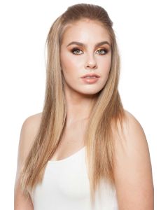 Woman in a 22" to 23" light blonde remy human hair topper for thinning hair