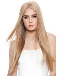 Woman in a 16" to 18" warm blonde human hair topper for thinning hair