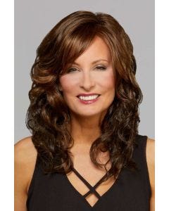 Woman in a past the shoulders dark brown curly lace front wig with side bangs