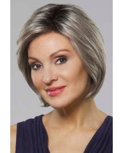 Woman in a chin length straight grey bob wig
