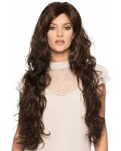 Woman in a large 32" curly dark brown full wig