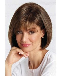Woman in short, straight bob wig with bangs