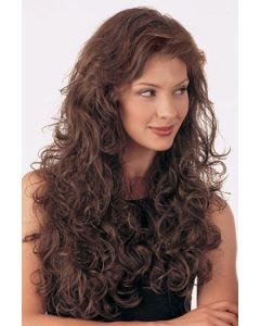 Woman in an extra long ultra curly dark brown 3/4 cap hair piece fall