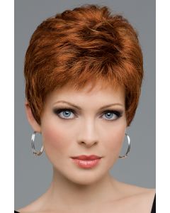 Woman in a classic cropped light red pixie lace front wig with bangs