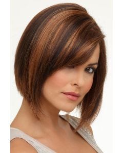 Woman in a shaggy brown and auburn angled wig with side swept bangs