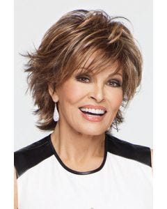 Raquel Welch in a cropped, layered medium brown with ginger highlights bob wig with textured side swept bangs