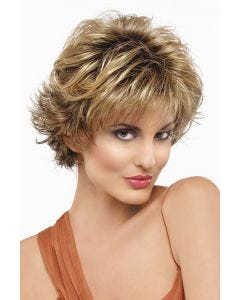 Woman in a heavily layered short bob wig with