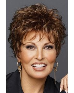 Raquel Welch in short curly wig with bangs and layers