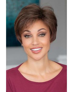 Woman in a silver asymmetrical pixie wig with side bangs