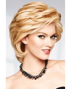 Raquel Welch in a light auburn heavily layered cropped bob wig with choppy bangs