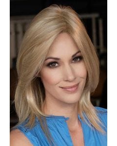 Woman in an extra long dark blonde v-cut lace front wig