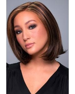 Woman in a shoulder length straight dark auburn lace front wig
