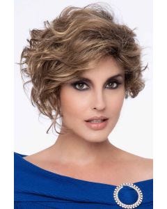 Woman in an asymmetric chin length light brown curly lace front wig
