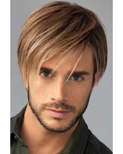 Man in a long, blonde, textured wig with side layering
