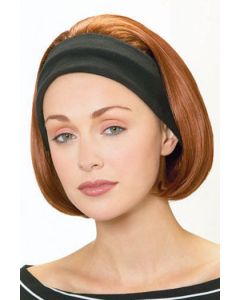 Woman in auburn bob cut wig with black headband attached