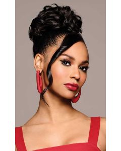 Black woman wearing curly clip on bun hair piece in black