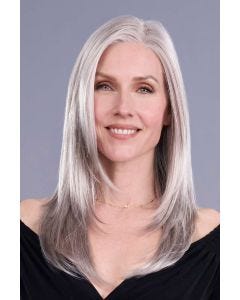 Woman in a long dark auburn lace front wig with middle part and face framing layers