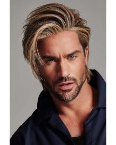 Man in a long light brown brushed back wig