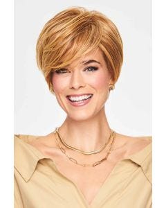 Short layered shag wig with side-swept bangs and crown volume in warm highlighted blonde tones