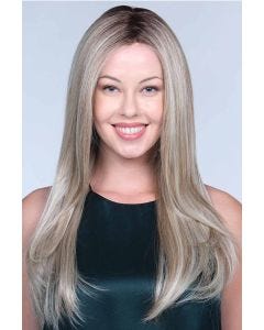 Woman in an extra long ash blonde lace front wig