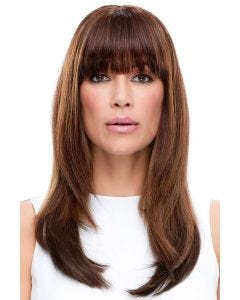 woman in medium auburn long fringe human hair clip in bangs