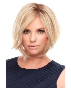 Woman in an 8" light blonde layered wiglet hair topper