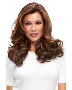 Woman in an 18" medium auburn human hair topper for thinning hair