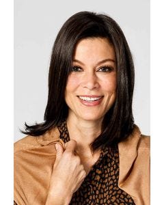 Woman in a 12" straight dark brown heat resistant hair topper for thinning hair