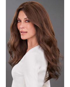 Woman in an 18" wavy brown hair topper wiglet for thinning hair
