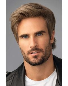 Man in a short light brown wig with longer layers on top