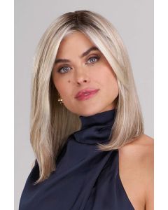 Woman in a just past the shoulders, dark auburn, straight lace front wig