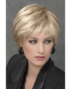 Woman in a long blonde pixie lace front human hair topper