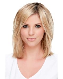 Woman in a 6" to 8" golden blonde hair topper wiglet for thinning hair