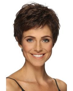 Woman in a dark auburn classic pixie wig