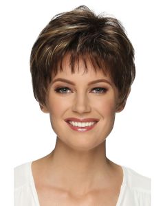 Woman in a long dark brown pixie wig with textured bangs