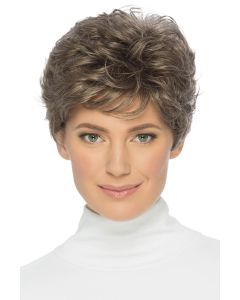 Woman in a petite brown & grey pixie wig with longer hair on top