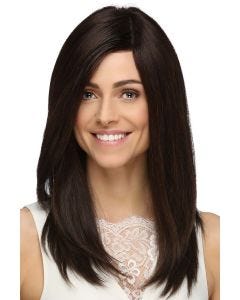 Woman in an extra long dark brown human hair wig