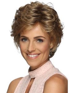 Woman in a short cropped light brown lace front wig
