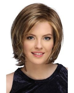 Woman in a shoulder length layered medium brown lace front bob wig