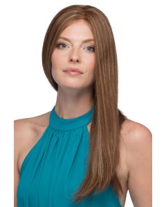 Woman in an extra long golden brown straight remy human hair wig