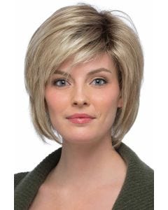 chin length layered wig with side swept bangs and a rounded shape
