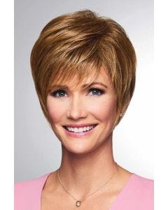 Woman in a long light brown pixie wig with textured bangs