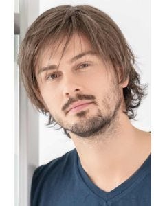 Man in a medium brown layered shag wig