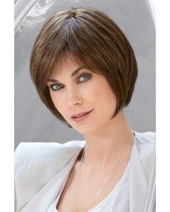 Woman in a 9" medium brown human hair topper for thinning hair