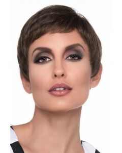 Woman in a cropped dark brown lace front pixie wig