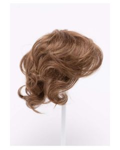 6.25" to 10" light brown curly hair topper on stand