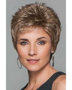 Woman in a short, evenly layered ash brown pixie wig