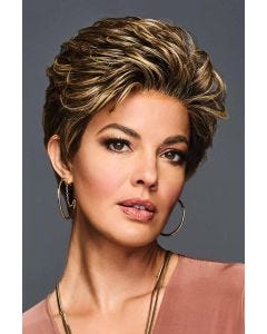 Woman in a light brown lace front pixie wig with choppy layers